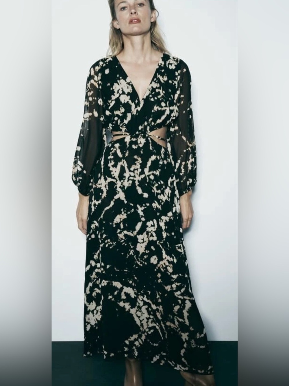 Zara Abstract Print Cutout Sheer Long Sleeve Maxi Dress XS Black Boho Y2K Flowy